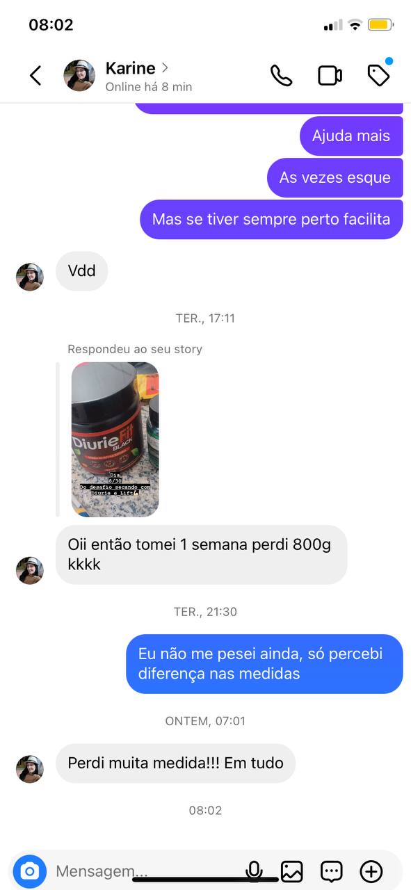 Print de conversa no WhatsApp da cliente Karine relatando perda de medidas com Diurie Fit Black