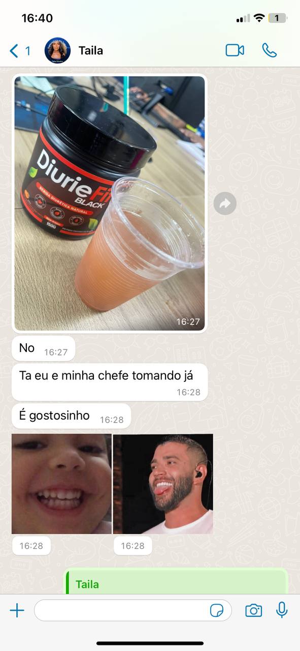 Print de conversa no WhatsApp da cliente Taila aprovando o sabor do Diurie Fit Black