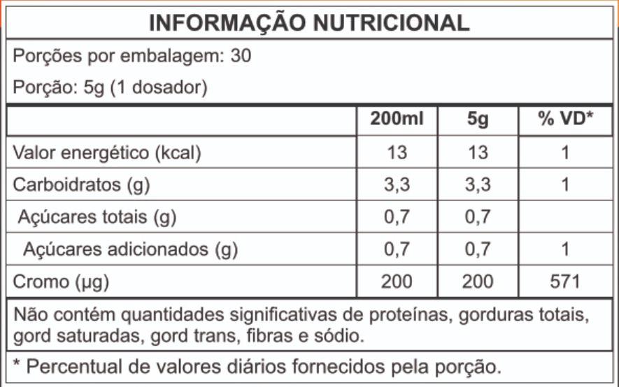 Tabela nutricional do Diurie Fit Black — porção de 5g, cromo 200µg por dose